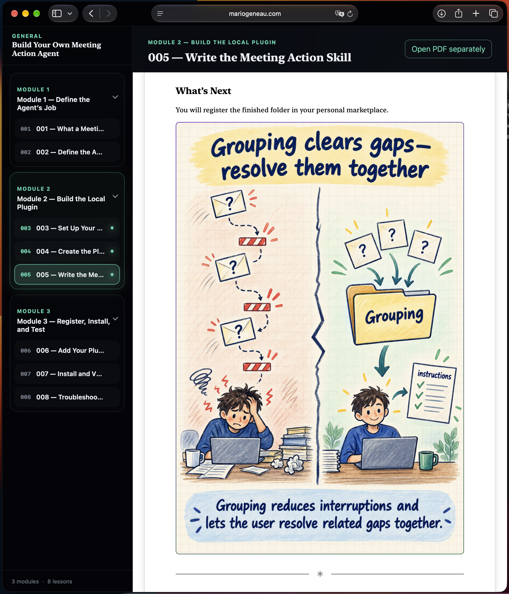 Build Your Own Meeting Action Agent course website, with module navigation and an illustrated lesson about grouping related gaps.